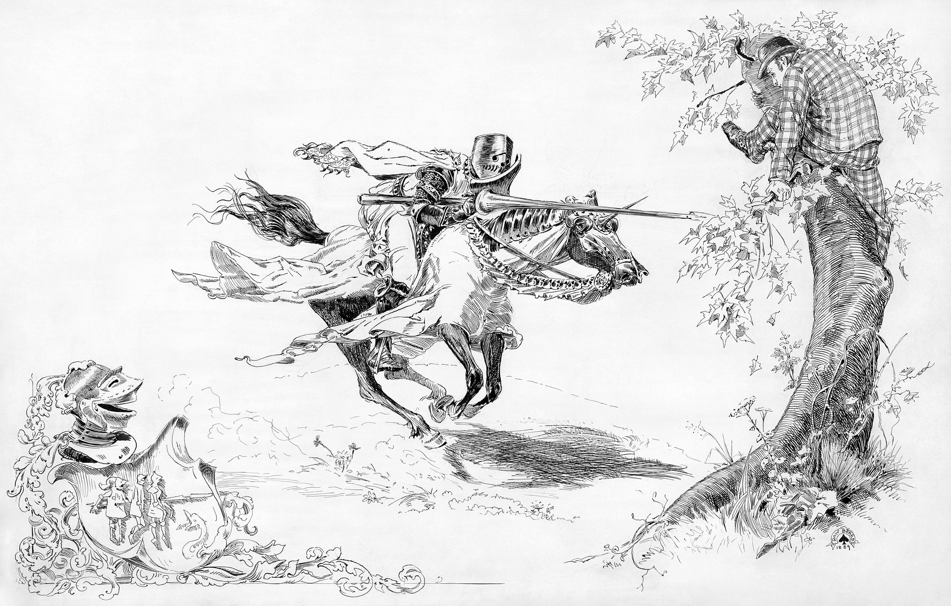 "Knight in armor tilting at man in modern dress in tree onto which a man in modern dress has climbed for refuge", "Published as frontispiece in: A Connecticut Yankee in King Arthur's Court / Samuel Clemens. New York : Charles L. Webster & Co., 1889. ", "1 drawing : pen and ink over graphite underdrawing ; sheet 36 x 57.1 cm."